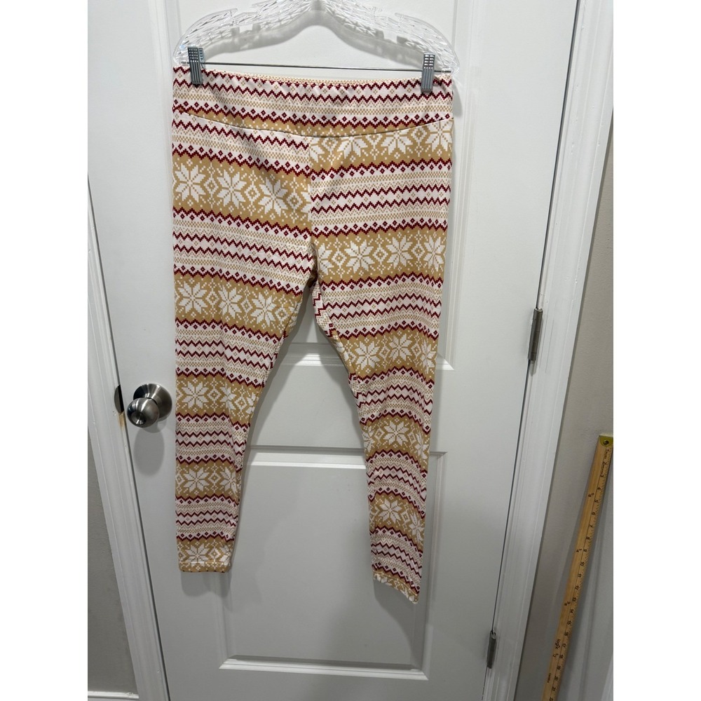 Time and Tru Womens Leggings Fair Isle Snowflake Print Red Gold XL 16-18 Flawed
